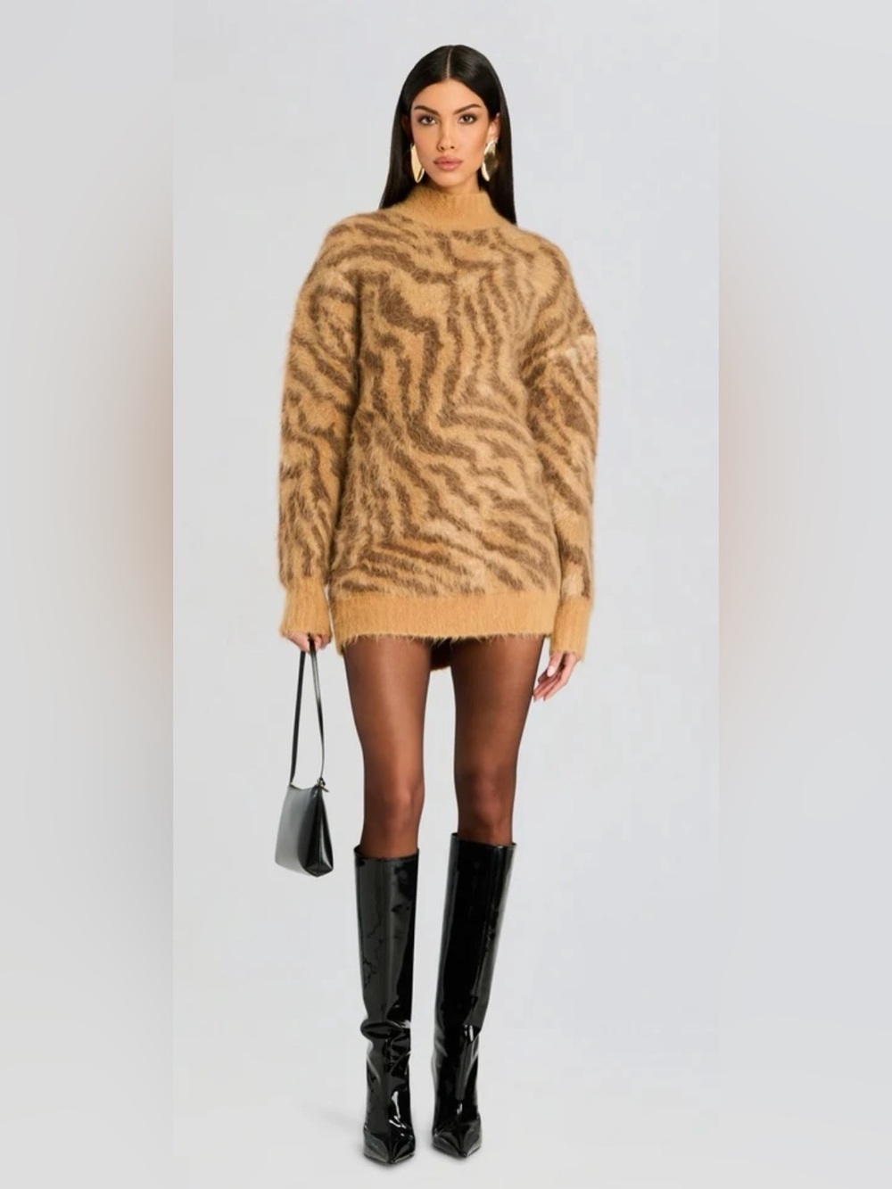 Retrofete Fuzzy Tiger-Print Turtleneck Sweater Dress Sz XS 🔥🔥🔥
